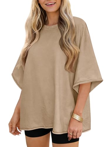 Tankaneo Womens Oversized Half Sleeve T-Shirts Trendy Casual Baggy Loose Fit Tops Summer Crew Neck Tees Shirts Khaki
