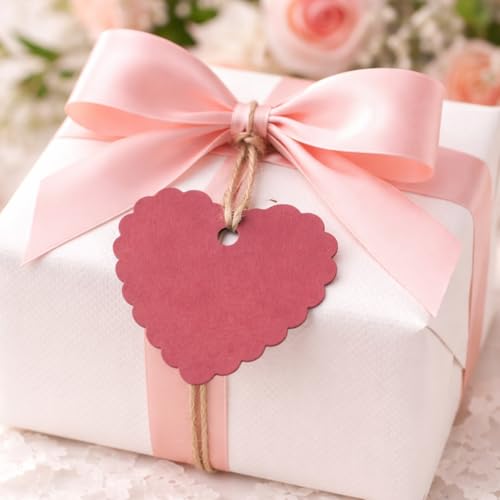 Image of CVANU (50-PCS) Decorative Heart Shape Color Paper Tags & Finish Cut Hole for Hanging with Jute Rope for Gift & DIY Crafts| Message Note| Labeling & Writable (2.16x2.36inch) Maroon