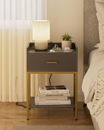 Image of Masupu Nightstand with Charging Station,3-Tier Modern Bedside Night Stand with Storage Drawer and Shelf,Small End Side Table for Bedroom,Living Room,Grey