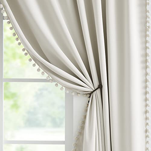 Jubilantex Pom Pom Beige Blackout Curtains 84 inches Long 2 Panels Triple Weave Window Treatments for Girls Bedroom and Living Room,52
