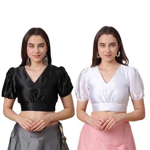 Image of Frolic Rolic Premium Silk V-Neck Blouse Readymade Saree Blouse - Designer Puff Sleeve Blouse for Wedding