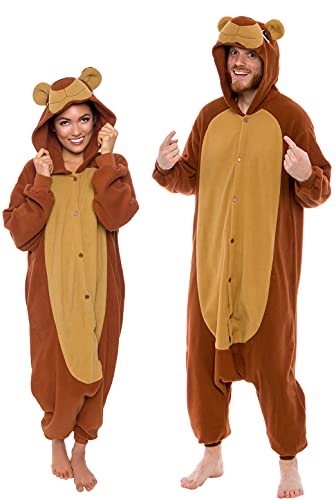 Silver Lilly Unisex Adult Pajamas - Plush One Piece Cosplay Brown Teddy Bear Animal Costume