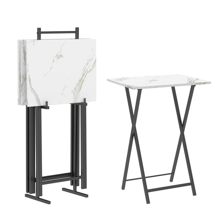 Image of HOOBRO Folding TV Tray Tables, Set of 4 TV Trays with Storage Rack, Industrial Side Table for Eating at Couch, Foldable Snack Table for Small Space, Easy Assembly, White and Black BW50BZ01