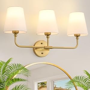 Bathroom Light Fixtures, 3-Light Brushed Gold Vanity Lights, 25″ Bathroom Lighting Fixtures Over Mirror with White Flared Fabric Shade, Modern Wall Sconces for Bathroom Bedroom Living Room Hallway