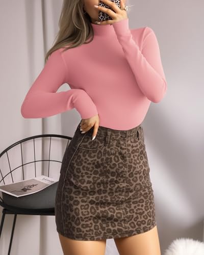 Image of MANGOPOP Women's Mock Neck /Turtle Neck Long Sleeve Modal Bodysuit Jumpsuit (Mock Neck Pink, X-Large)