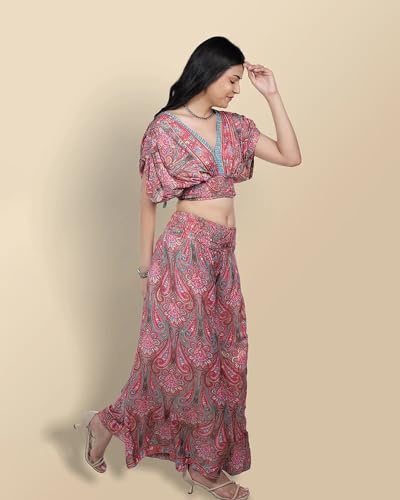 Image of Women's Poly Silk Cowl Sleeves Crop Top with Palazzo Pants