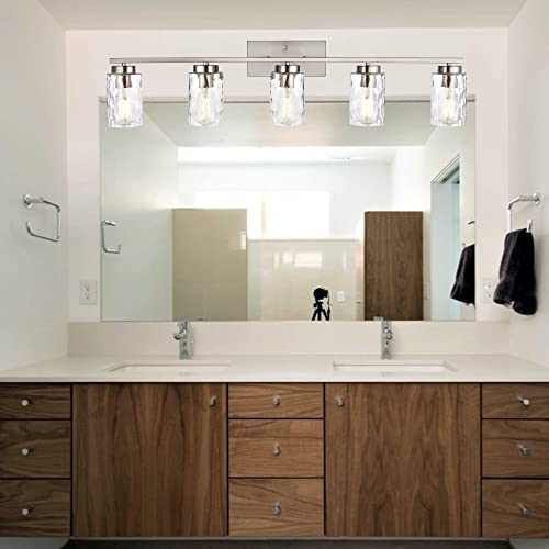 Image of Vanity Lights for Bathroom 5 Light Sconces Vanity Light Fixture Modern Brushed Nickel Wall Mount Lighting with Clear Hammered Shade,Wall Lights for Bathroom Living Room Makeup Dressing Table