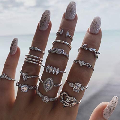 Zehory Boho Statement Rings Sets Silver Crystal Joint Knuckle Ring Vintage Black Rhinestone Crown Stacking Rings for Women and Girls (15PCS)