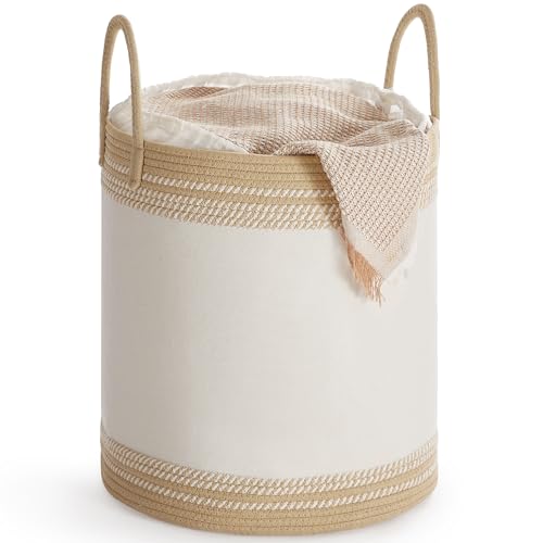 SONGMICS Laundry Hamper, Cotton Rope Laundry Basket with Handles, for Clothing, Living Room, Bedroom, 23.8 Gallons, 19.7 x 19.7 x 18.1 Inches, Cloud White and Camel Brown URLH090K01 Cloud Wh