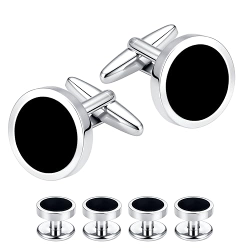 Image of Men's Black Onyx Cufflink & Tuxedo Shirt Stud Set, 16mm Rhodium-Plated Brass, Elegant Gift Box