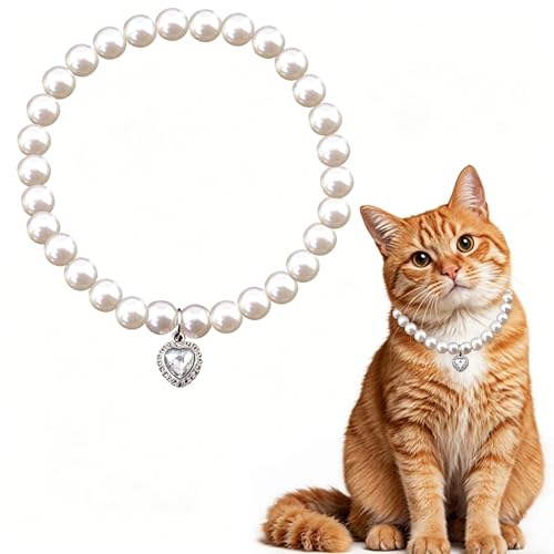 Pearls Collar for Cats Pearl Dog Rhinestone Necklaces for Small Dogs Accessories Cat Pearl Collar Pet Pearl Necklace with Heart Charm Elastic String Dog Cat Collar (White L)