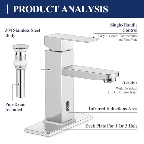 Image of Herogo Touchless Bathroom Faucets Brushed Nickel Stainless Steel Automatic Motion Sensor Bathroom Faucet RV Bar Sink Faucet for 1-3 Hole Single-Handle with Pop Up Drain Stopper Water Supply Hoses