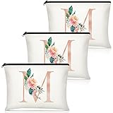 3 Pieces Floral Initial Makeup Bag Wedding Bridal Makeup Bag Cosmetic Canvas Bag Monogrammed Gifts...