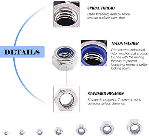 SpzcdZa M5x0.8mm Nylon Lock Nuts, 50pcs 304 Stainless Steel Nylon Insert Hex Lock Nuts for Industrial and Construction Fasteners