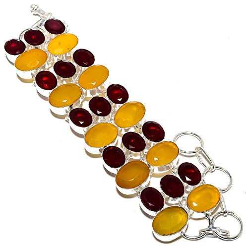 Bracelet calcédoine jaune et grenat rouge, cadeau idéal pour femme et fille
