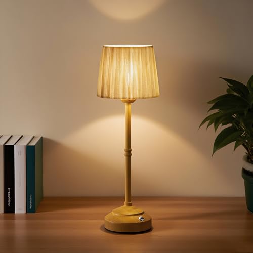 TRRMEZY Vintage Wood Retro Cordless Beside Table Lamp Rechargeable Battery Operated Table lamp,Fabric Shade with 3 Color Stepless Dimming,Touch Control for Bedroom, Nightstand, Dining Room