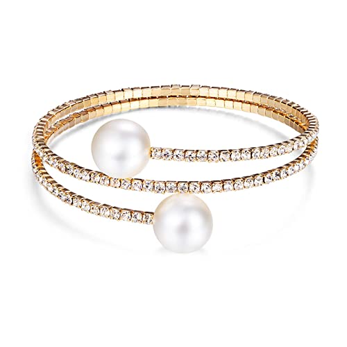 Kicomvi Imitition Pearl Stretch Bracelet Multilayer Crystals Pearl Elastic Bangle For Women Girl Wedding Jewelry 1920S Costume-E Gold #TOP5