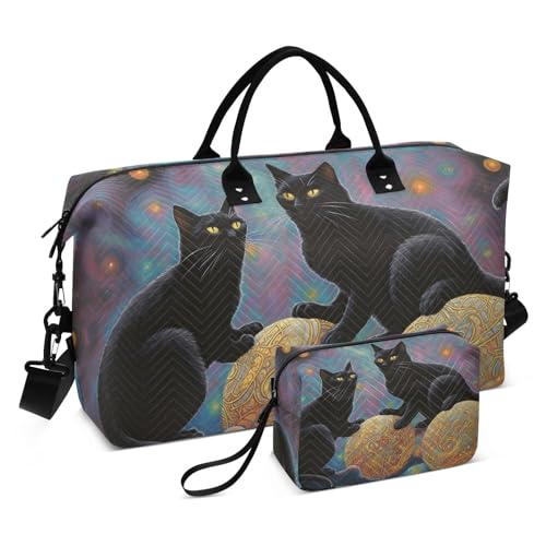 Large Travel Duffel Bag, Gold Black Cat Sport Tote Gym Bag, Shoulder Weekender Overnight Bag for Women Men, Carry On Luggage with Toiletry Bag