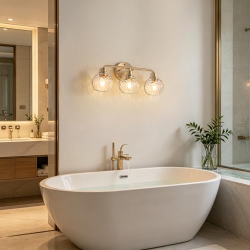 Image of Bathroom Light Fixtures Gold Vanity Light 3 Light Wall Sconces Lighting Brushed Brass Lights with Hammered Globe Glass Shades Bath Wall Lamp for Mirror Living Room Bedroom Hallway