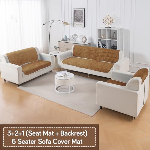 Image of HOKIPO Quilted Sofa Cover 6 Seater Set - Washable 3+2+1 Sofa Panel for Seat & Back | 'Quilt Classic' Golden (IN-927+926+925 * 2-GLD)