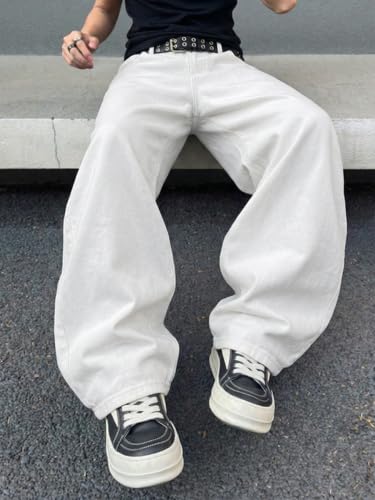 Areant Mens Baggy Jeans Wide Leg Hip Hop Loose Fit Jeans Relaxed Fit Elastic Waist Skate Streetwear Y2K Vintage Denim Pants White X-Large - image 3