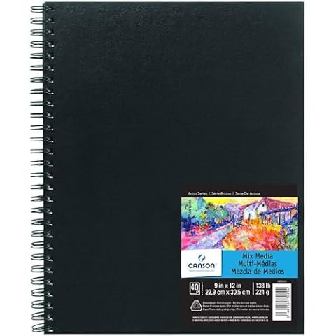 Canson Mix Media Art Book, Heavyweight French Paper, Double Sided Fine and Medium Texture, Side Wire Bound, 138 Pound, 9 x 12 Inch, 40 Sheets Cover