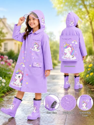 Image of Krystle Kids Glow Cartoon Print Raincoat with Bag Cover | Waterproof Zipper Rain Jacket for Boys n Girls | School Raincoat with Reflective Strip for Kids (Purple,Multisize)