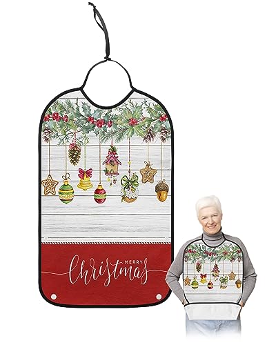 Jolunifun Christmas Adult Bib for Adults Men, Women, Washable & Adjustable Terry Cloth Bib with Crumb Catcher Reusable Waterproof Clothing Clothes Protector Apron Farmhouse Wood Grain Pine Tree Berry