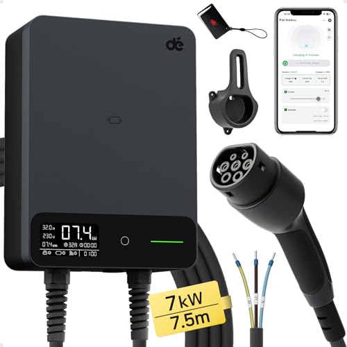 dé Estación de Carga Coche Electrico 7,4kW App [6-32A, Monofásica] Wallbox 7,4kW con Cable Carga Tipo 2 7,5m, RFID, Estación de Carga con RCD Tipo-B y Protección IP54 para Model Y/3 y Otros BEV/PHEV