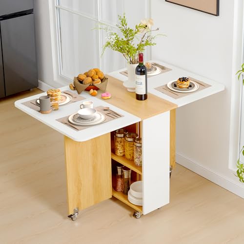 UPHYB Folding Dining Table, Versatile Drop Leaf Dining Table with Lockable Wheels and Storage, Space Saving Extendable Dinner Table with Drawer, Kitchen Table for Small Spaces