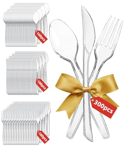 300PCS Juego De Cubiertos De Plástico, Cubiertos de Fiesta Reutilizables, Cubiertos de Plástico Transparente, Tenedores Plastico, Cuchillo,Cuchara, para Fiestas Reuniones Familiares Bodas