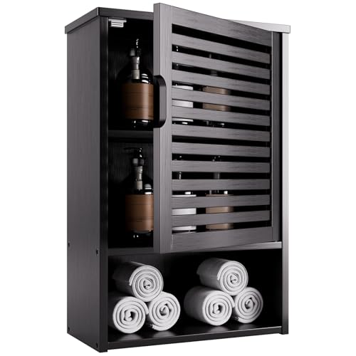 HITNET Bathroom Storage Cabinet Wall Mounted, Hanging Medicine Cabinet with Adjustable Shelf, Over the Toilet Space Saver Organizer, Black Bamboo Kitchen Cupboard, Single Door by HITNET - Used condition - US$70.27