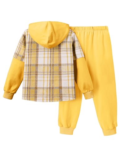 Image of 2Pcs Boys Clothes Sweatsuit Set Hoodie Flannel Plaid Shirt and Jogger Pants for Kids Fall Winter Spring Outfits