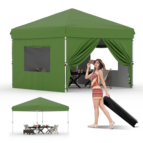 GarveeLife 10x10 Pop Up Canopy with 4 Sidewalls - Easy Up Camping Tent with One Button Push Setup - 1 Roller Bag, 3 Adjustable Height, 4 Weight Bags f