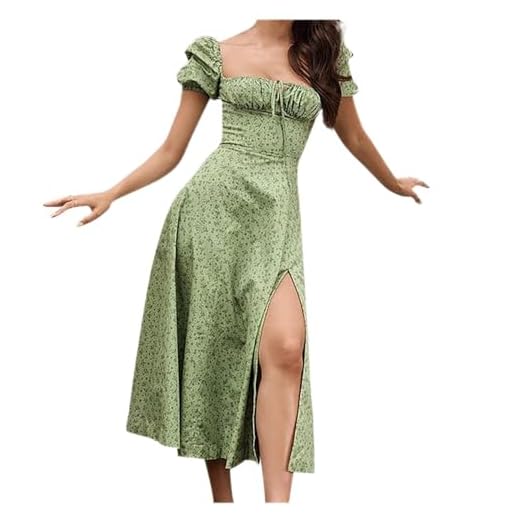 ASDVB Damenmode Lässig Blumenverband Trägerlos Druck Puffärmel Quadratischer Kragen Geteiltes Kleid mit hoher Taille