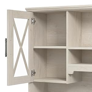 Bush furniture lennox 60w farmhouse desk with hutch and keyboard tray in linen white oak computer table for home office  urban country home decor