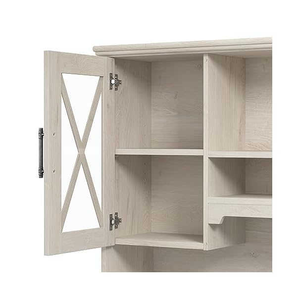 Bush furniture lennox 60w farmhouse desk with hutch and keyboard tray in linen white oak computer table for home office  urban country home decor