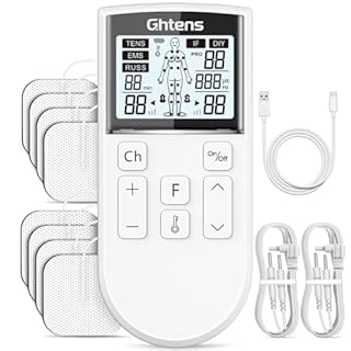 GHTENS 5 in 1 Elettrostimolatore Muscolare Professionale, Ricaricabile 80 Modalità con TENS/EMS/RUSS/IF/DIY Massaggio, 2 Canali, 16 Intensità per Alleviare il Dolore