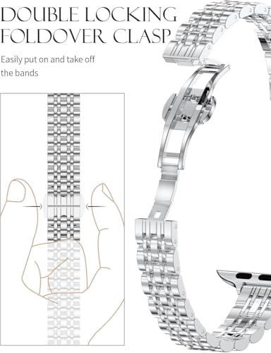 Image of Slim Metal Band Compatible with Apple Watch Straps 42mm [Series 10] 41mm 40mm 38mm, Stainless Steel Chain Strap for Women iWatch Straps Series 9 8 7 6 5 4 3 2 1 SE [WATCH NOT INCLUDED]