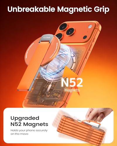 Image of 2026 Klearlook for MagSafe Phone Grip with Silicone Finger Strap, Removable Magnetic Phone Ring Holder with Adjustable Kickstand, Finger Phone Ring Grip for iPhone 17 /16 /15 /14 /13 /12 Series, Orange