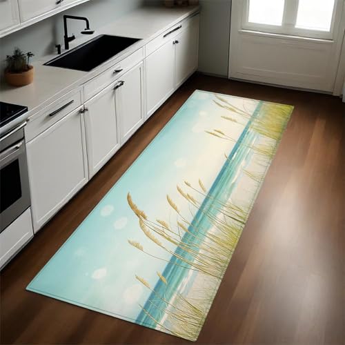 Azzurro Tappeto Cucina Paesaggio di canne sulla spiaggia 50 x 220 cm Passatoia Lavabile Antiscivolo per Cucina, Corridoio, Ingresso, Soggiorno e Camera da Letto