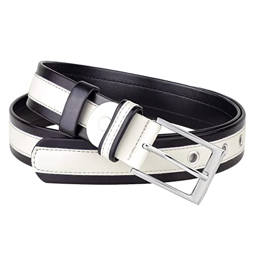 Sportmusies Two-Color Casual Grommet PU Leather Belt Women Waist Belt with Rectangular Buckle for Jeans Pants, White, Fit 90cm-100cm Waist2
