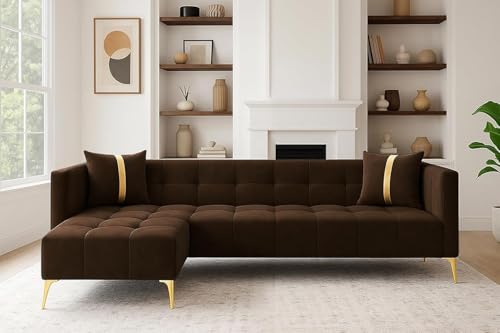 Image of FURNY Styliving 6 Seater Fabric LHS Sectional L Shape Sofa Set (Brown) with Golden Finish Legs | Durable & Comfortable | Ideal for Living Room