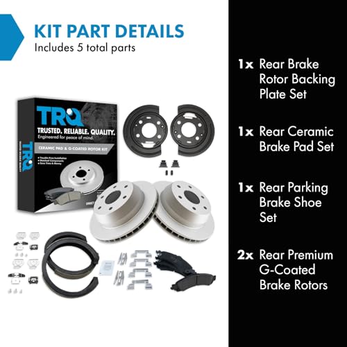 Image of TRQ Rear Brake Pad and Rotor Set Ceramic Coated Parking Shoe Backing Plates Compatible with 2002-2006 Chevrolet Silverado 2002-2006 GMC Sierra 2003 Yukon Cadillac Escalade Suburban Tahoe Avalanche
