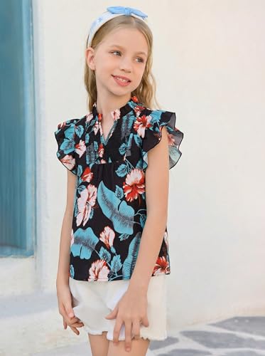 Image of Haloumoning Girls Ruffle Short Sleeve Floral Chiffon Blouses Kids Summer Shirts Tops 5-14 Years