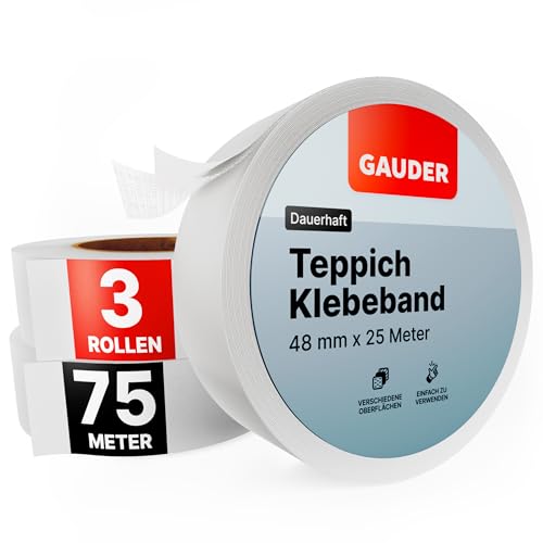 GAUDER Teppichklebeband (25m) | 3er Pack Klebeband für Bodenbeläge, Treppenstufen und mehr |...