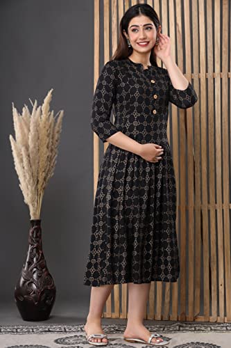 Image of Vinny's Creation Women's Cotton Maternity Kurti | Floral Printed Feeding Kurta with Hidden Zipper | Stylish Pregnancy Gown & Nursing Dress for Womens