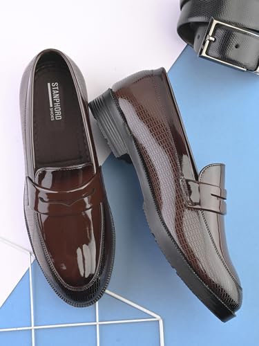 Image of STANPHORD Mens Loafers Men tan petant Leatherette Wrinkle Free Shiny Glossy Formal Office wear Slip on Moccasins Loafers Penny Shoes Without Laces