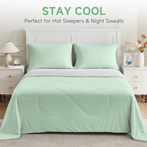 Image of HOMFINE Cooling Comforter Japanese Double-Sided Cold Tech Fabric Cooling Blanket for Night Sweats Hot Sleepers, Q-Max 0.45 Soft Breathable Silky Smooth Lightweight, Green Summer Comforter King