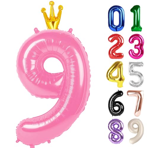 9 Balloon - Pink with Crown Birthday Number Balloons, 40 Inch Decorations
